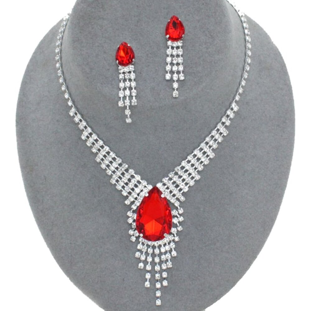 Red Silver Crystal Rhinestone Necklace Earrings Teardrop Wedding Prom Formal